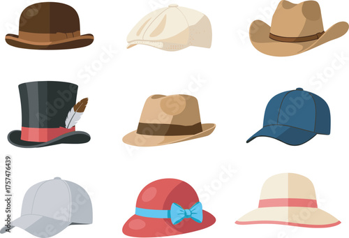 Set of nine illustrated hats, fashion accessories, headwear styles, vintage and modern designs, vector icons, costume elements, cultural fashion collection