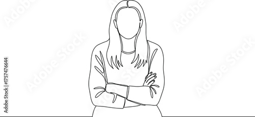 Wallpaper Mural Minimalist line drawing, person with long hair, arms crossed, blank face, body language pose, simple sketch, plain background, emotional stance Torontodigital.ca