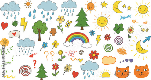 Wallpaper Mural Whimsical hand-drawn doodle icons, smiling suns, clouds, trees, cats, flowers, hearts, stars, rainbow, nature symbols, playful sketch Torontodigital.ca