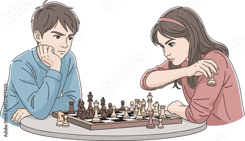 Two children playing chess, strategic thinking, educational game, concentration moment, indoor activity, intellectual development, board game illustration, kid interaction vector