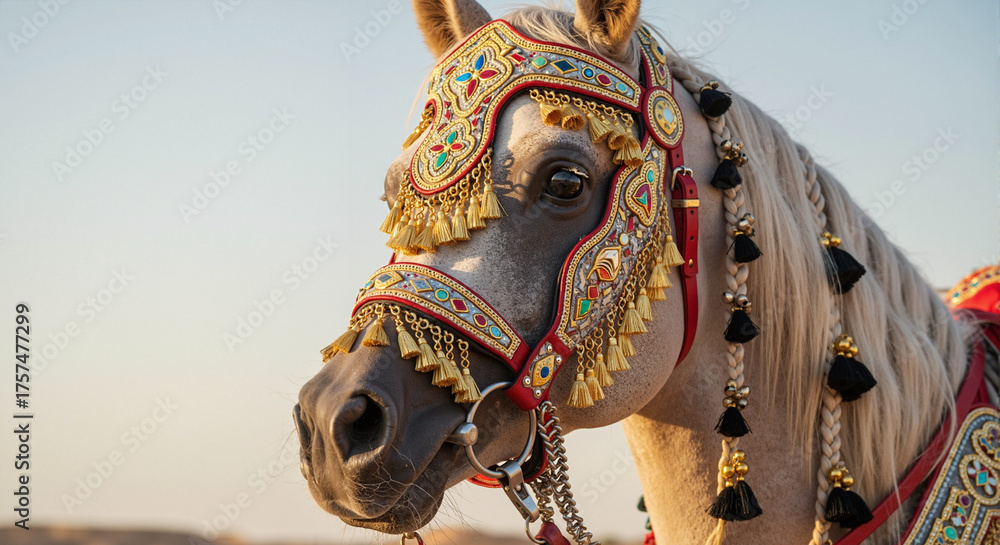 Naklejka premium Arabian horse face close-up features traditional bridle decorations, revealing rich oriental cultural motifs and beauty. Arabian horse details present beautiful traditions, ornate bridles.