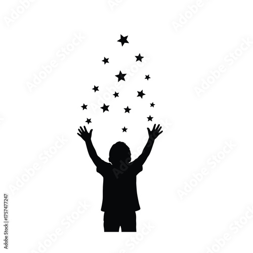 Child reaching for falling stars silhouette