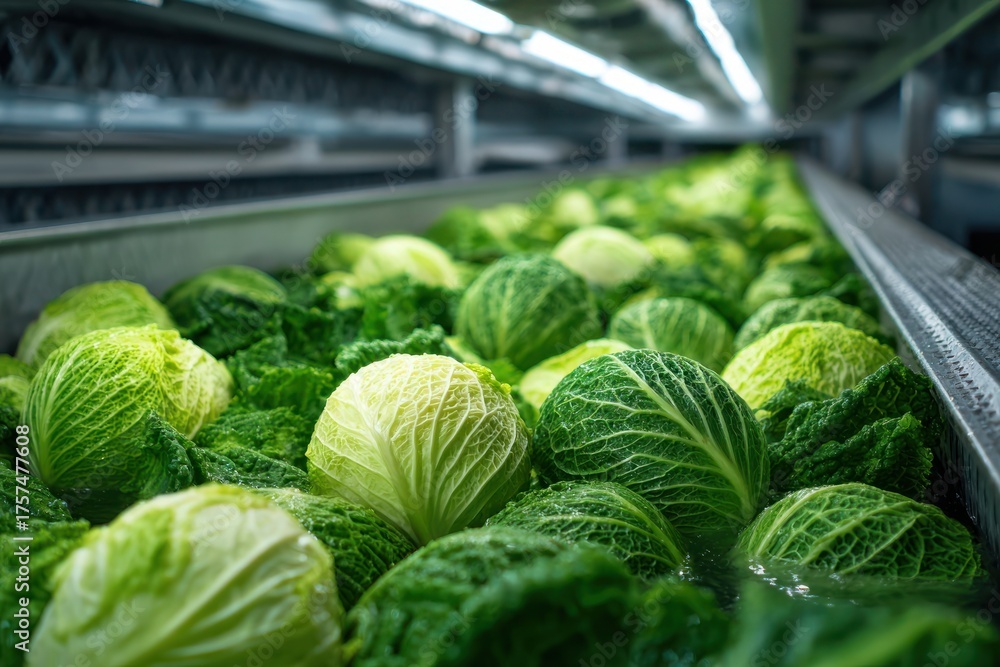 Fototapeta premium Industrial Cabbage Washing Process in Plant