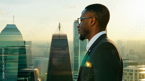 An African American businessman in a formal suit against the backdrop of skyscrapers. Businessman in a sharp suit stands confidently with skyscrapers towering behind him.