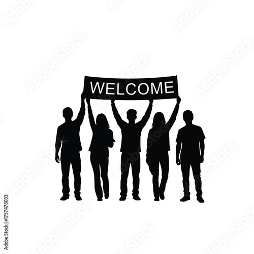 Group holding welcome banner silhouette