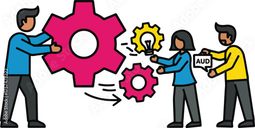 Team collaboration with gears and lightbulb representing innovation and problem solving