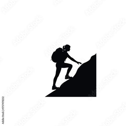 Hiker climbing a steep mountain silhouette