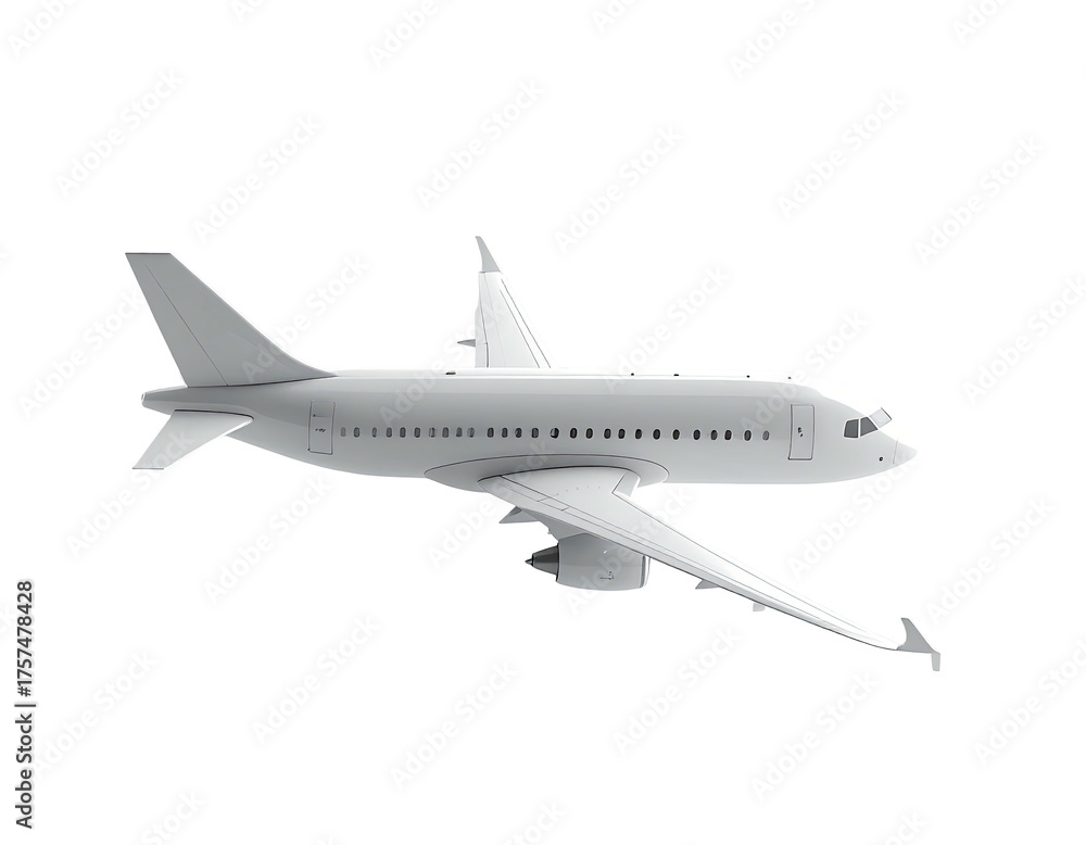 Fototapeta premium A side view of a white commercial jet airliner, isolated with a black background