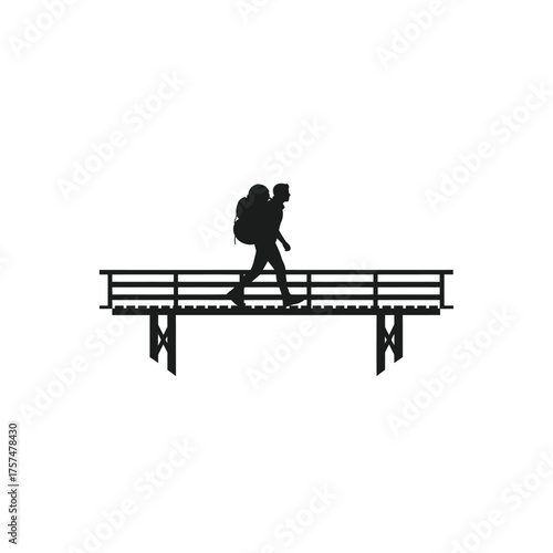 Hiker with backpack crossing a bridge silhouette