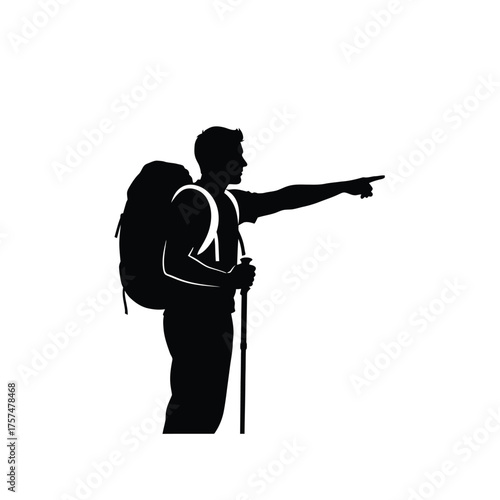Hiker with backpack points the way silhouette