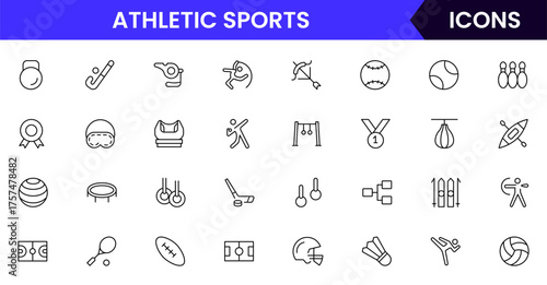 Sports vector web line icon collection sleek illustrations of balls, equipment, fitness, and athletic symbols for dynamic, active designs.