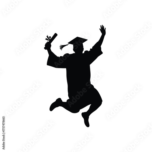 Joyful graduate jumping with diploma silhouette