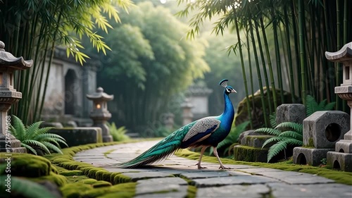 Peacock walking along mossy stone path in bamboo garden with stone lantern