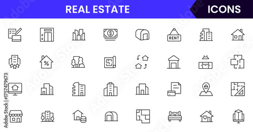 Real Estate vector web line icon collection, sleek illustrations of houses, apartments, keys, and property symbols for professional designs.