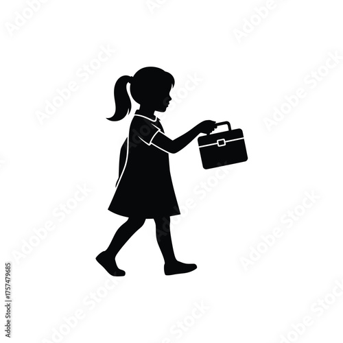 Young girl walking with lunchbox silhouette