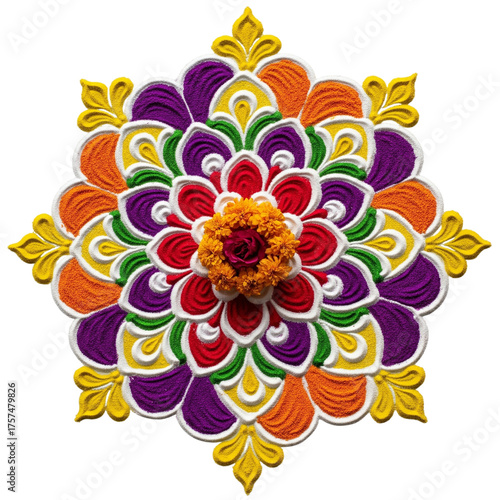 Colorful rangoli design isolated on transparent background, a traditional indian art form