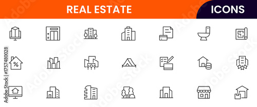 Real Estate vector web line icon collection, sleek illustrations of houses, apartments, keys, and property symbols for professional designs.