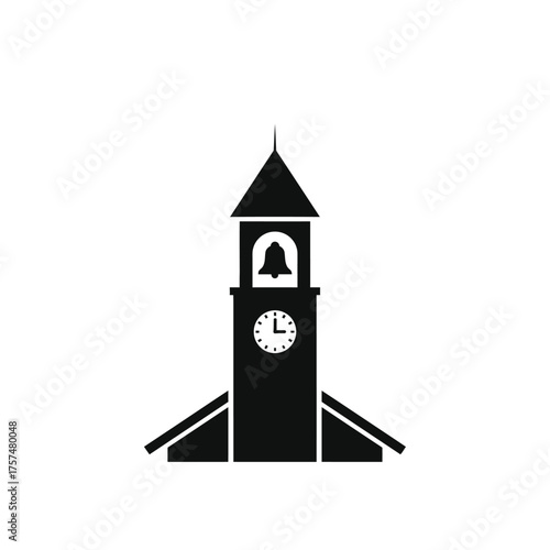 Black silhouette of a church tower with clock and bell