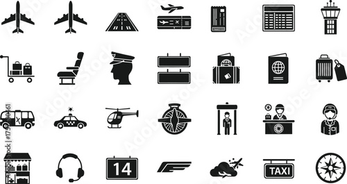 Collection of airport and travel icons representing various aspects of air travel and transportation isolated on transparent background
