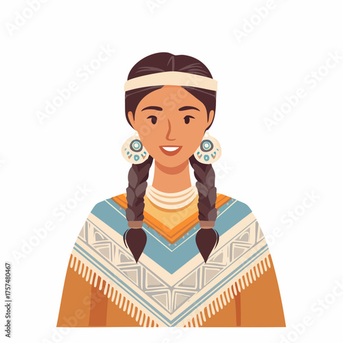 Illustration of a Native American woman with braids and traditional clothing.