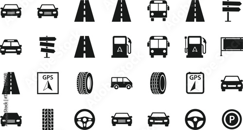 Collection of black and white transportation and road signs icons isolated on transparent background