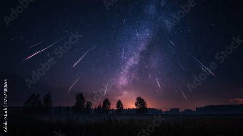 Breathtaking Meteor Shower Illuminates Starry Night Sky Over Silhouetted Landscape
