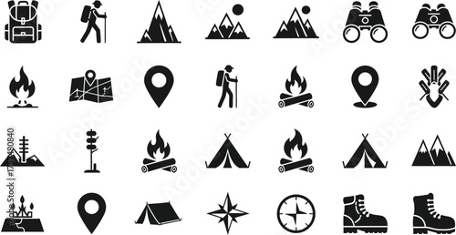 Collection of outdoor adventure and hiking icons including backpack hiker mountains campfire map location pin tent binoculars compass and boots isolated on transparent background