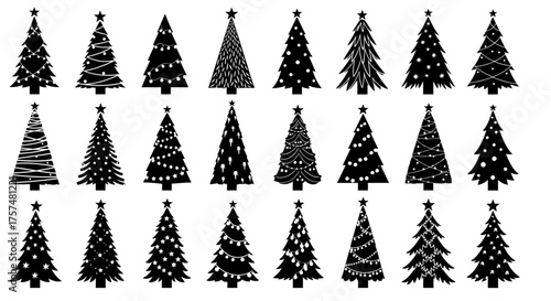 A collection of 24 different Christmas tree silhouettes, some decorated with lights and stars.