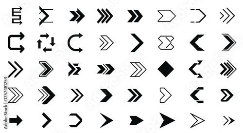 A diverse collection of forty-eight black arrow icons and symbols in various styles on a white background.