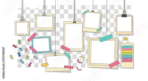 Illustration of hanging photo frames with push pins and tape on a transparent background.