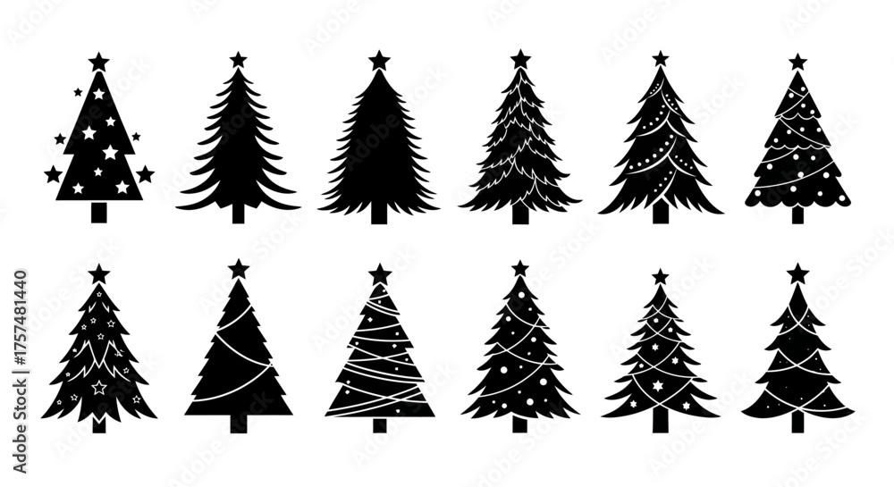 Obraz premium A collection of twelve different black Christmas tree silhouettes isolated on a white background.