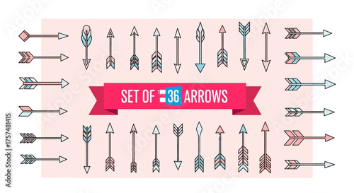 Set of 36 arrows in various designs on a pink background.