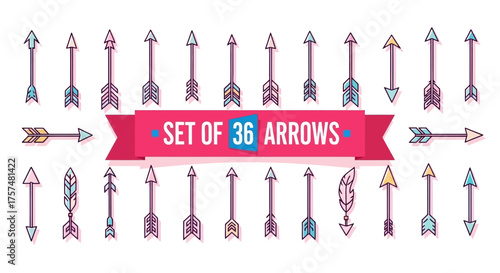 A diverse set of 36 hand-drawn, decorative arrows in a bohemian and tribal style, isolated on a white background.