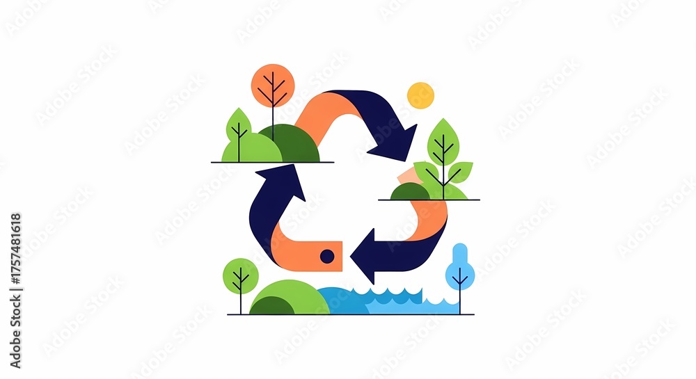 Fototapeta premium Colorful Eco-Friendly Recycling Symbol with Arrows and Nature Elements Representing Environmental Sustainability Concept