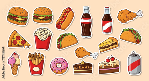 A colorful illustration featuring a variety of popular fast food items and beverages.