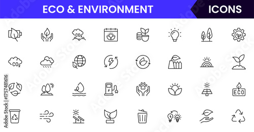 Environment vector web line icon collection, sleek illustrations of trees, recycling, and Eco-friendly symbols for sustainable designs.
