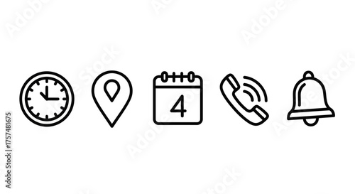 Set of five outline icons representing time, location, date, phone contact, and notification bell on a white background.