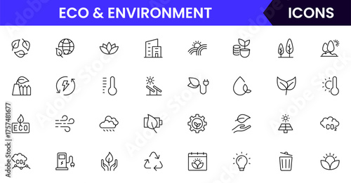 Environment vector web line icon collection, sleek illustrations of trees, recycling, and Eco-friendly symbols for sustainable designs.