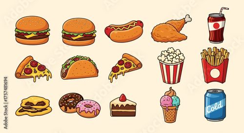 Cartoon illustration of various fast food items including burgers, pizza, and donuts.