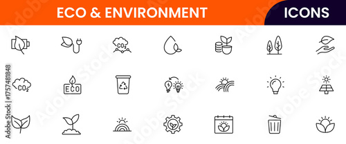 Environment vector web line icon collection, sleek illustrations of trees, recycling, and Eco-friendly symbols for sustainable designs.