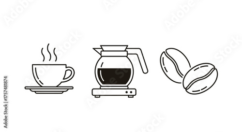 Outline icons of a steaming hot coffee cup, a coffee maker, and two coffee beans on a white background, representing coffee culture.
