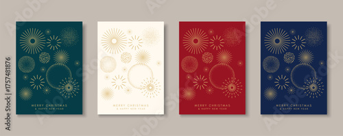 Festive fireworks on white, blue, and red backgrounds. Vector illustration.