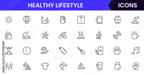 Healthy and lifestyle vector web line icon collection, sleek illustrations of fitness, travel, EV living, and wellness for vibrant, modern designs.