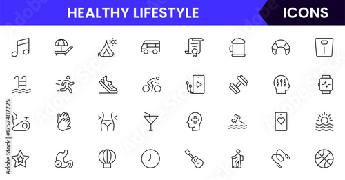 Healthy and lifestyle vector web line icon collection, sleek illustrations of fitness, travel, EV living, and wellness for vibrant, modern designs.