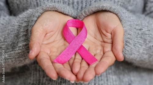 Pink Ribbon Held in Hands: Breast Cancer Awareness Symbolism