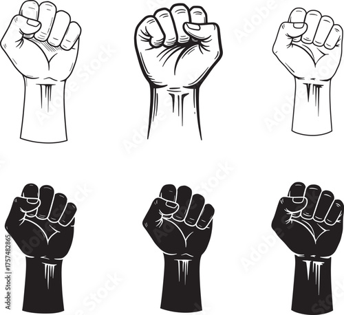 Collection of six clenched fists raised in black silhouette and outline style against a white background