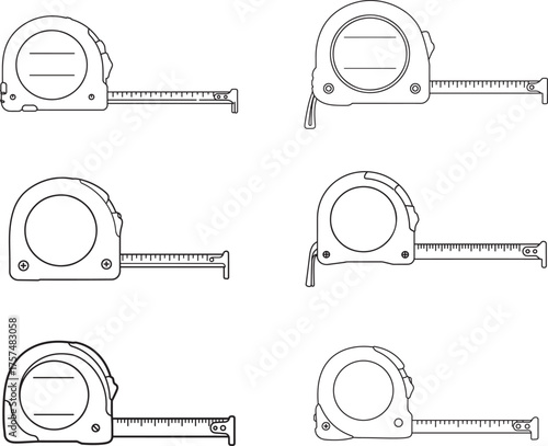 Collection of six hand drawn illustrations of tape measures in different styles and orientations