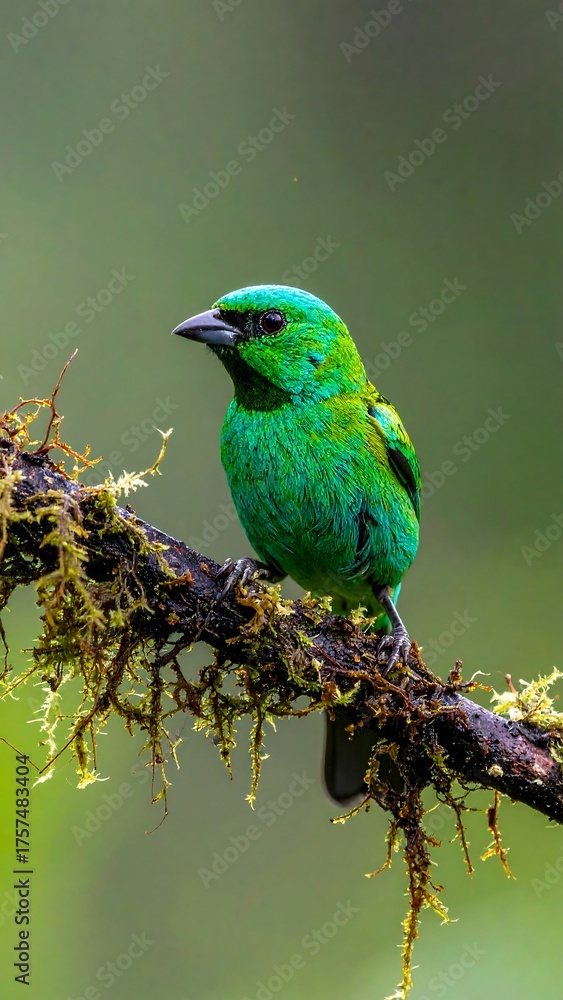 Obraz premium A vibrant, emerald-green bird perches on a moss-covered branch against a soft, blurred green background, showcasing its bright plumage