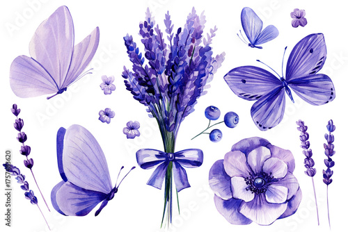 Lavender Watercolor Set with Butterflies, Flowers and Blueberries, Purple Floral Illustration Botanical Clipart