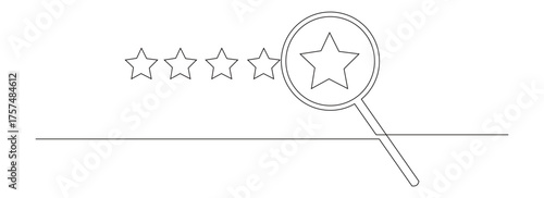 Line art of a magnifying glass focusing on a star. Concept of a customer satisfaction testimonial.